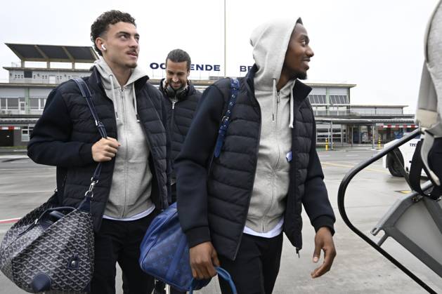 SC Braga v KAA Gent - UEFA Conference League Media Activities 21 10 2026 OOSTENDE, BELGIUM - OCTOBER 21 : Balikwisha Michel-Ange forward of KAA Gent, Delorge Mathias midfielder of KAA Gent and Burgess Christian defender of KAA Gent pictured at the Oostende airport before departure for the UEFA Conference League 2026 27 League Phase matchday 2 match between SC Braga and KAA Gent on October 21, 2026 in Oostende, Belgium, 21 10 2026 Oostende Belgium Copyright: xNicoxVereeckenx