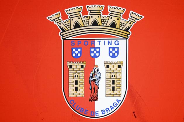 The SC Braga club logo pictured ahead of a press conference, PK, Pressekonferenz of Belgian soccer team KAA Gent, Wednesday 21 October 2026 in Braga, Portugal. The team is preparing for the second match of the UEFA Conference League league phase against Portuguese SC Braga tomorrow. TOM GOYVAERTS TomxGoyvaerts  x190509547x