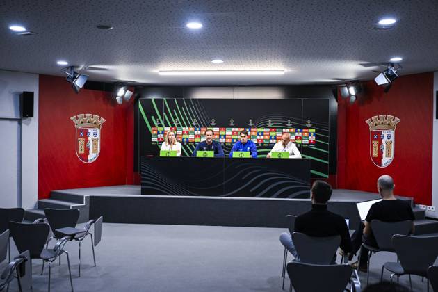 Tahnee Leece, communications manager of KAA Gent, Rik De Mil, head coach of KAA Gent and Tiago Araujo of KAA Gent pictured during a press conference, PK, Pressekonferenz of Belgian soccer team KAA Gent, Wednesday 21 October 2026 in Braga, Portugal. The team is preparing for the second match of the UEFA Conference League league phase against Portuguese SC Braga tomorrow. TOM GOYVAERTS TomxGoyvaerts  x190514432x