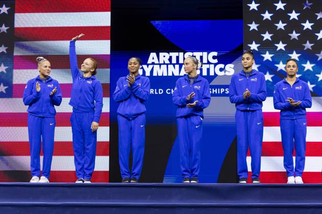 ROTTERDAM - The American gymnasts during the team final at the World Gymnastics Championships in Rotterdam Ahoy. IRIS VAN DEN BROEK ANP xVIxANPxSportx xxANPxIVx 573179625 originalFilename: 573179625.jpg