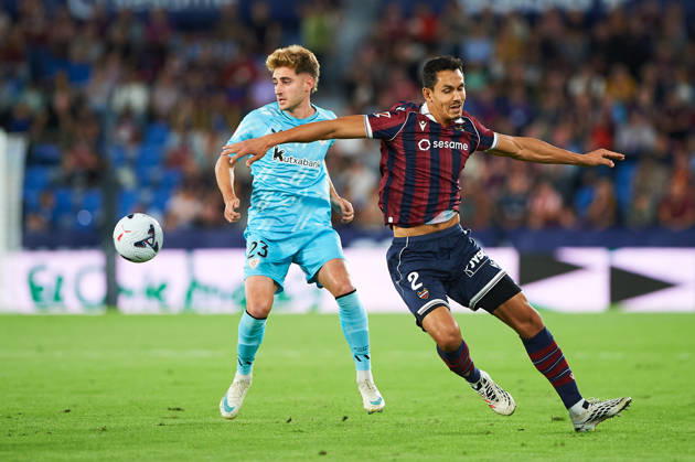 Aissa Mandi (Levante UD) and Robert Navarro (Athletic Club) during the LaLiga EA Sports match between Levante UD and Athletic Club at Estadi Ciutat de València on October 21, 2026 in Valencia, Spain. -