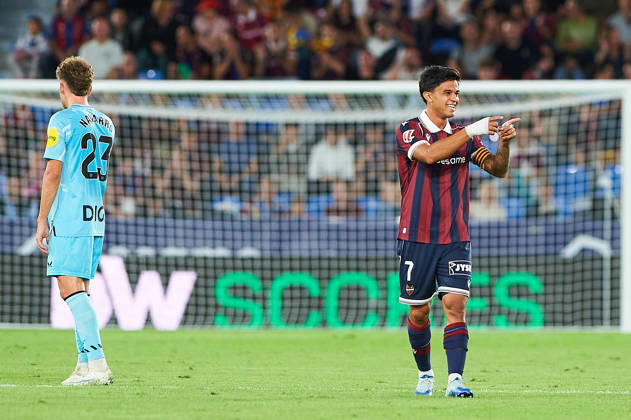 Roger Brugue (Levante UD) celebrates after scoring his team‘s first goal during the LaLiga EA Sports match between Levante UD and Athletic Club at Estadi Ciutat de València on October 21, 2026 in Valencia, Spain. -