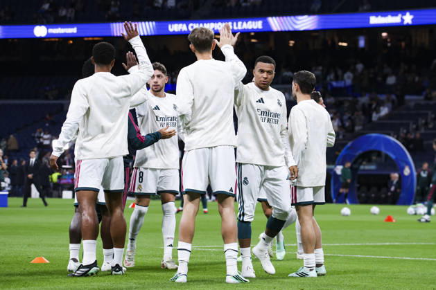 Real Madrid v RB Leipzig - UEFA Champions League 2026 27 October 21, 2026, Santiago Bernabeu stadium, Madrid, Spain: Kylian Mbappe and Dean Huijsen of Real Madrid are warm up during UEFA Champions League 2026 27 football match between Real Madrid and RB Leipzig at Santiago Bernabeu stadium on October 21, 2026, in Madrid, Spain. Madrid Santiago Bernabeu Stadium Madrid Spain Copyright: xAlejandroxMatiasxAcostax