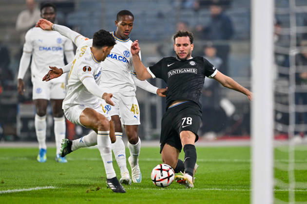 SOCCER - UEFA EL, Sturm vs Marseille GRAZ,AUSTRIA,22.OCT.26 - SOCCER - UEFA Europa League, SK Sturm Graz vs Olympique de Marseille. Image shows Nayef Aguerd, Keyliane Abdallah (Marseille) and Valmir Matoshi (Sturm).  GEPAxpictures xAvnixRetkoceri