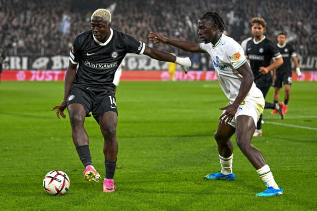 SOCCER - UEFA EL, Sturm vs Marseille GRAZ,AUSTRIA,22.OCT.26 - SOCCER - UEFA Europa League, SK Sturm Graz vs Olympique de Marseille. Image shows Oumar Diakite (Sturm) and Bamo Meite (Marseille).  GEPAxpictures xAvnixRetkoceri