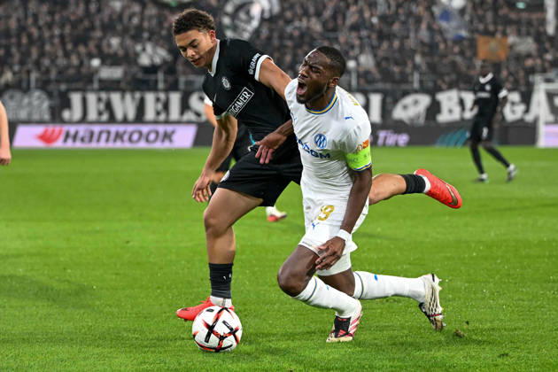 SOCCER - UEFA EL, Sturm vs Marseille GRAZ,AUSTRIA,22.OCT.26 - SOCCER - UEFA Europa League, SK Sturm Graz vs Olympique de Marseille. Image shows Jacob Hoedl (Sturm) and Geoffrey Kondogbia (Marseille).  GEPAxpictures xAvnixRetkoceri