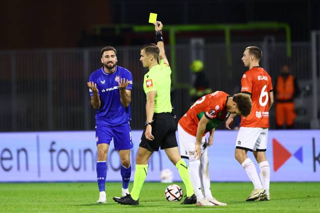 ZAGREB , 22-10-2026 , Maksimir Stadium , season 2026 2027 , Europa League football match day 3 , match between Dinamo Zagreb and NEC , Picture shows yellow card Dinamo Zagreb player Dion Beljo Dinamo Zagreb - NEC  x208957045x Copyright:
