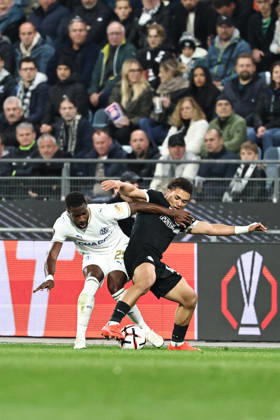 SOCCER - UEFA EL, Sturm vs Marseille GRAZ,AUSTRIA,22.OCT.26 - SOCCER - UEFA Europa League, SK Sturm Graz vs Olympique de Marseille. Image shows Ulisses Garcia (Marseille) and Jacob Hoedl (Sturm).  GEPAxpictures xChrisxBauer