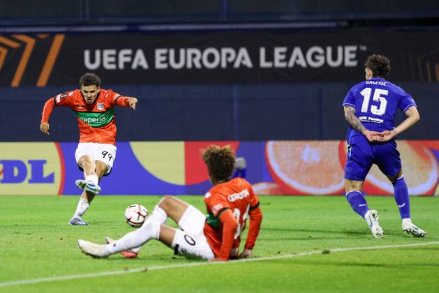 ZAGREB , 22-10-2026 , Maksimir Stadium , season 2026 2027 , Europa League football match day 3 , match between Dinamo Zagreb and NEC , Picture shows NEC player Clement Bischoff scoring the 0-1 Dinamo Zagreb - NEC  x208957114x Copyright: