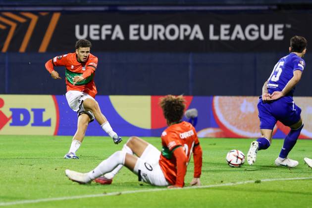 ZAGREB , 22-10-2026 , Maksimir Stadium , season 2026 2027 , Europa League football match day 3 , match between Dinamo Zagreb and NEC , Picture shows NEC player Clement Bischoff scoring the 0-1 Dinamo Zagreb - NEC  x208957180x Copyright: