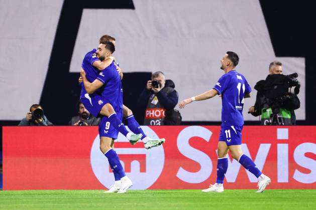 ZAGREB , 22-10-2026 , Maksimir Stadium , season 2026 2027 , Europa League football match day 3 , match between Dinamo Zagreb and NEC , Picture shows Dinamo Zagreb player Luka Stojkovic, Dinamo Zagreb player Dion Beljo celebrating the 2-1 Dinamo Zagreb - NEC  x208957262x Copyright: