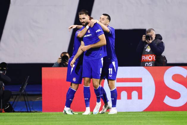 ZAGREB , 22-10-2026 , Maksimir Stadium , season 2026 2027 , Europa League football match day 3 , match between Dinamo Zagreb and NEC , Picture shows Dinamo Zagreb player Luka Stojkovic, Dinamo Zagreb player Dion Beljo, Dinamo Zagreb player Arber Hoxha celebrating the 2-1 Dinamo Zagreb - NEC  x208957263x Copyright: