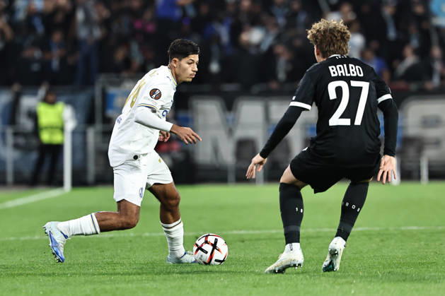 SOCCER - UEFA EL, Sturm vs Marseille GRAZ,AUSTRIA,22.OCT.26 - SOCCER - UEFA Europa League, SK Sturm Graz vs Olympique de Marseille. Image shows Kelyann Bezahaf (Marseille) and Luis Balbo (Sturm).  GEPAxpictures xChrisxBauer