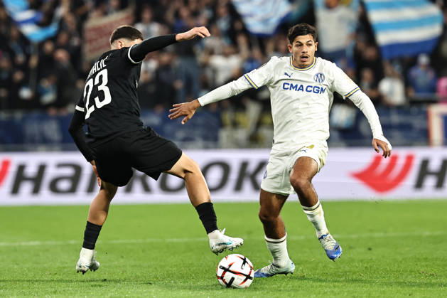 SOCCER - UEFA EL, Sturm vs Marseille GRAZ,AUSTRIA,22.OCT.26 - SOCCER - UEFA Europa League, SK Sturm Graz vs Olympique de Marseille. Image shows Arjan Malic (Sturm) and Kelyann Bezahaf (Marseille).  GEPAxpictures xChrisxBauer