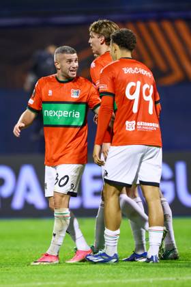ZAGREB , 22-10-2026 , Maksimir Stadium , season 2026 2027 , Europa League football match day 3 , match between Dinamo Zagreb and NEC , Picture shows NEC player Bryan Linssen and NEC player Clement Bischoff celebrating the 2-2 Dinamo Zagreb - NEC  x208957531x Copyright: