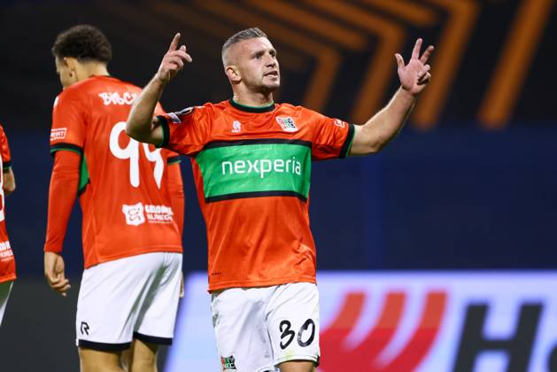 ZAGREB , 22-10-2026 , Maksimir Stadium , season 2026 2027 , Europa League football match day 3 , match between Dinamo Zagreb and NEC , Picture shows NEC player Bryan Linssen celebrating the 2-2 Dinamo Zagreb - NEC  x208957540x Copyright:
