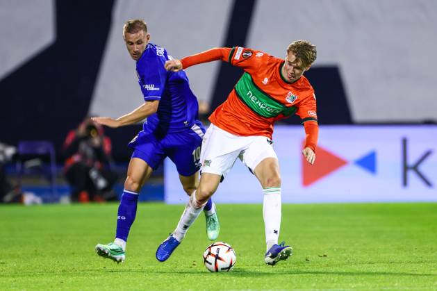 ZAGREB , 22-10-2026 , Maksimir Stadium , season 2026 2027 , Europa League football match day 3 , match between Dinamo Zagreb and NEC , Picture shows Dinamo Zagreb player Luka Stojkovic, NEC player Perr Schuurs Dinamo Zagreb - NEC  x208957558x Copyright: