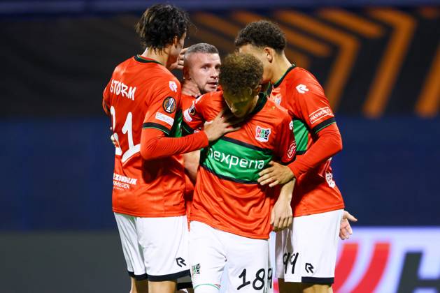 ZAGREB , 22-10-2026 , Maksimir Stadium , season 2026 2027 , Europa League football match day 3 , match between Dinamo Zagreb and NEC , Picture shows NEC player Tobias Storm, NEC player Bryan Linssen, NEC player Dennis Geiger, NEC player Clement Bischoff celebrating the 2-2 Dinamo Zagreb - NEC  x208957568x Copyright: