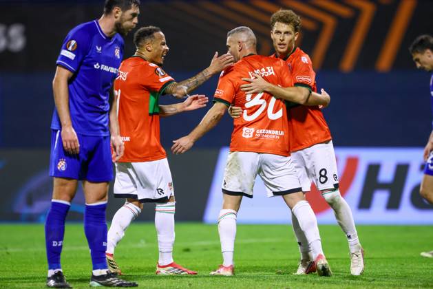 ZAGREB , 22-10-2026 , Maksimir Stadium , season 2026 2027 , Europa League football match day 3 , match between Dinamo Zagreb and NEC , Picture shows NEC player Tjaronn Chery, NEC player Bryan Linssen, NEC player Dennis Geiger celebrating the 2-2 Dinamo Zagreb - NEC  x208957572x Copyright: