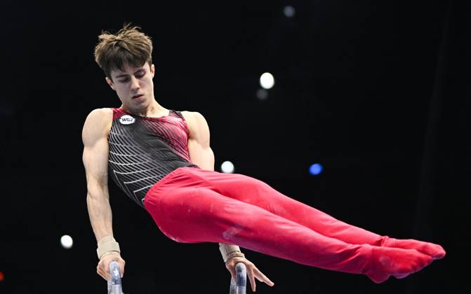 Netherlands Artistic Gymnastics World Championships 9270790 22.10.2026 Arsenii Dukhno of Team World Gymnastics Neutral Athletes 2 competes on the pommel horse during the men s team final at the 2026 World Artistic Gymnastics Championships in Rotterdam, the Netherlands. Alexey Filippov Sputnik Rotterdam Netherlands  Copyright: xAlexeyxFilippovx