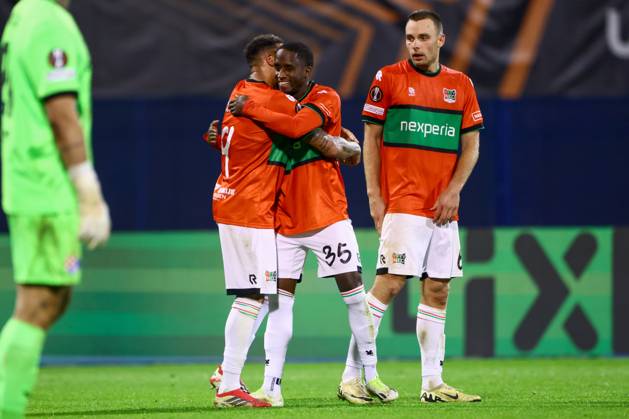 ZAGREB , 22-10-2026 , Maksimir Stadium , season 2026 2027 , Europa League football match day 3 , match between Dinamo Zagreb and NEC , Picture shows NEC player Tjaronn Chery, NEC player Jamiro Monteiro celebrating the 2-4 Dinamo Zagreb - NEC  x208959628x Copyright: