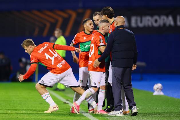 ZAGREB , 22-10-2026 , Maksimir Stadium , season 2026 2027 , Europa League football match day 3 , match between Dinamo Zagreb and NEC , Picture shows NEC player Kaj Sierhuis, NEC player Tjaronn Chery, NEC player Bryan Linssen Dinamo Zagreb - NEC  x208959852x Copyright: