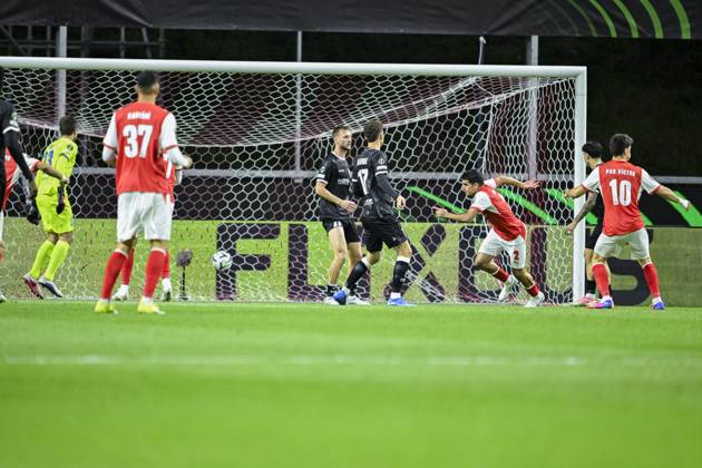 SC Braga v KAA Gent - UEFA Conference League BRAGA, PORTUGAL - OCTOBER 22 : Gomez Victor defender of SC Braga scoring a goal during the UEFA Conference League 2026 27 League Phase matchday 2 match between SC Braga and KAA Gent on October 22, 2026 in Braga, Portugal, 22 10 2026 Braga Portugal  Copyright: xNicoxVereeckenx