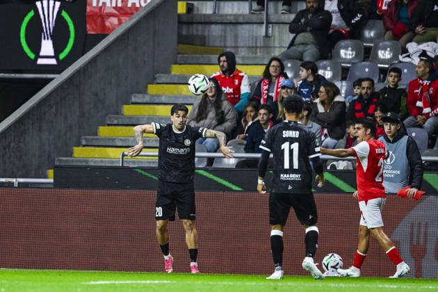 Tiago Araujo of KAA Gent pictured in action during a soccer game between Portuguese SC Braga and Belgian soccer team KAA Gent, Thursday 22 October 2026 in Braga, Portugal, the second match in the UEFA Conference League league phase. TOM GOYVAERTS TomxGoyvaerts  x190686039x