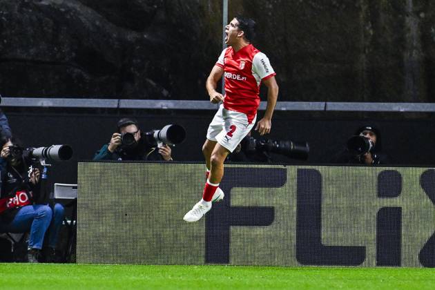 Victor Gomez of SC Braga celebrates after scoring during a soccer game between Portuguese SC Braga and Belgian soccer team KAA Gent, Thursday 22 October 2026 in Braga, Portugal, the second match in the UEFA Conference League league phase. TOM GOYVAERTS TomxGoyvaerts  x190686391x