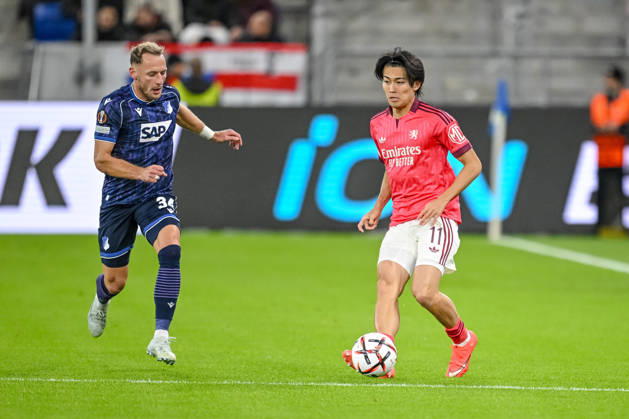 Vladimir Coufal (TSG 1899 Hoffenheim) and Keito Nakamura (Olympique Lyon) battle for the ball during the UEFA Europa League 2026 27 League Phase match between TSG 1899 Hoffenheim and Olympique Lyonnais at Rhein-Neckar-Arena on October 22, 2026 in Sinsheim, Germany. (Photo by Harry Langer DeFodi Images) -