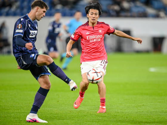 Robin Hranac (TSG 1899 Hoffenheim) and Keito Nakamura (Olympique Lyon) battle for the ball during the UEFA Europa League 2026 27 League Phase match between TSG 1899 Hoffenheim and Olympique Lyonnais at Rhein-Neckar-Arena on October 22, 2026 in Sinsheim, Germany. (Photo by Harry Langer DeFodi Images) -