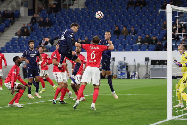 Sinsheim, Germany - Octobre 22: Robin Hranac (TSG 1899 Hoffenheim) in action, with the ball goalkeeper Dominik Greif (Olympique Lyon) during the UEFA Europa League phase Matchday 3 2026 27 match between TSG Hoffenheim and Olympique Lyon at Rhein Neckar Arena on Octobre, 2026 in Sinsheim, Germany Copyright: HMBxMedia JoaquimxFerreira