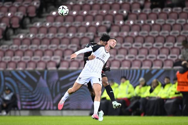 FC Midtjylland v Sint-Truidense VV - UEFA Conference League HERNING, DENMARK - OCTOBER 22 : Bravo Pedro midfielder of Midtjylland and Merlen Ryan midfielder of Sint-Truidense VV during the UEFA Conference League 2026 27 League Phase matchday 2 match between FC Midtjylland and Sint-Truidense VV on October 22, 2026 in Herning, Denmark, 22 10 2026 Herning Denmark  Copyright: xTomasxSiskx