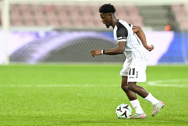 STVV s Nathanael Mbuku pictured in action during a soccer game between Danish FC Midtjylland and Belgian Sint-Truidense VV, Thursday 22 October 2026 in Herning, Denmark, on the second day of the UEFA Conference League league phase. JILLxDELSAUX  x190688403x
