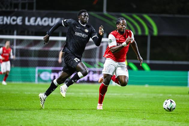 IbrahimÐ° Cisse of KAA Gent and Bright Arrey-Mbi of SC Braga pictured in action during a soccer game between Portuguese SC Braga and Belgian soccer team KAA Gent, Thursday 22 October 2026 in Braga, Portugal, the second match in the UEFA Conference League league phase. TOM GOYVAERTS TomxGoyvaerts  x190689972x