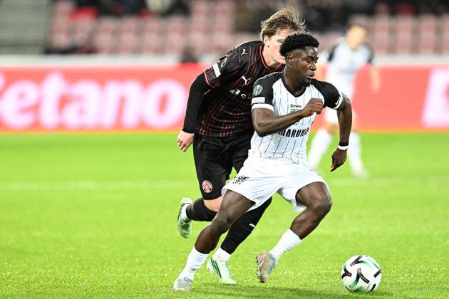 Midtjylland s Sofus Johannesen and STVV s Nathanael Mbuku pictured in action during a soccer game between Danish FC Midtjylland and Belgian Sint-Truidense VV, Thursday 22 October 2026 in Herning, Denmark, on the second day of the UEFA Conference League league phase. JILLxDELSAUX  x190690542x