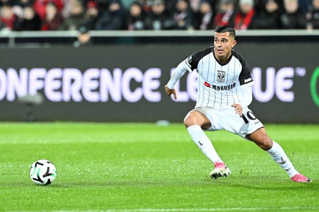 STVV s Ilias Sebaoui pictured in action during a soccer game between Danish FC Midtjylland and Belgian Sint-Truidense VV, Thursday 22 October 2026 in Herning, Denmark, on the second day of the UEFA Conference League league phase. JILLxDELSAUX  x190690440x