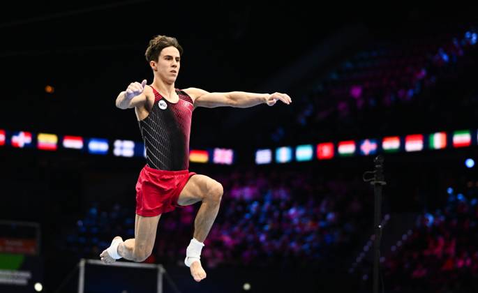 Netherlands Artistic Gymnastics World Championships 9270867 22.10.2026 Arsenii Dukhno of Team World Gymnastics Neutral Athletes 2 competes in the floor exercise during the men s team final at the 2026 World Artistic Gymnastics Championships in Rotterdam, the Netherlands. Alexey Filippov Sputnik Rotterdam Netherlands  Copyright: xAlexeyxFilippovx