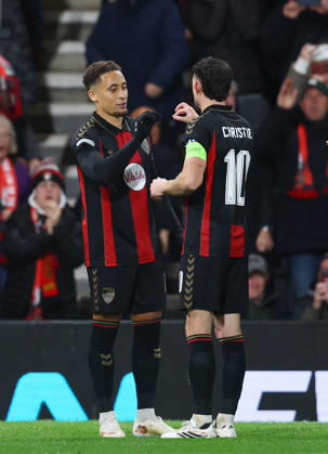 Bournemouth, England, 22nd October 2026. Marcus Tavernier of Bournemouth (l) celebrates scoring their second goal. Agin from the penalty spot during the AFC Bournemouth vs AC Milan UEFA Europa League match at the Vitality Stadium, Bournemouth. Picture credit should read: Paul Terry Sportimage EDITORIAL USE ONLY. No use with unauthorised audio, video, data, fixture lists, club league logos or live services. Online in-match use limited to 120 images, no video emulation. No use in betting, games or single club league player publications. SPI_032_PT_Bournmouthmouth_AC_Milan SPI-5092-0031