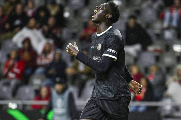 IbrahimÐ° Cisse of KAA Gent reacts during a soccer game between Portuguese SC Braga and Belgian soccer team KAA Gent, Thursday 22 October 2026 in Braga, Portugal, the second match in the UEFA Conference League league phase. TOM GOYVAERTS TomxGoyvaerts  x190691503x
