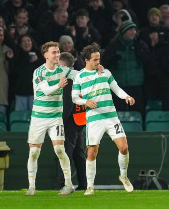Mika Baur of Celtic celebrates with team mate Callum Osmand after scoring to give Celtic a 1-0 lead Celtic v Celta Vigo, UEFA Europa League, Football, Celtic Park, Glasgow, Scotland, UK - 22 Oct 2026Glasgow Celtic Park Scotland United Kingdom  Copyright: xStuartxWallace Shutterstockx 17230137cd