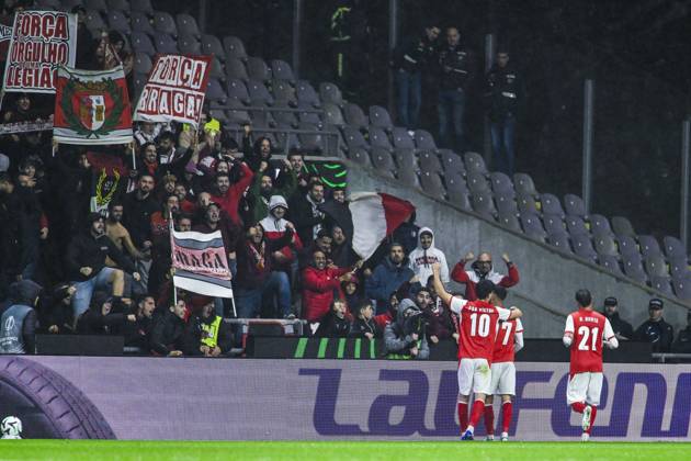 Gabriel Martinez Aguilera of SC Braga celebrates after scoring during a soccer game between Portuguese SC Braga and Belgian soccer team KAA Gent, Thursday 22 October 2026 in Braga, Portugal, the second match in the UEFA Conference League league phase. TOM GOYVAERTS TomxGoyvaerts  x190699186x