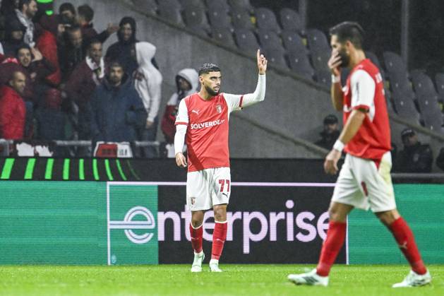 Gabriel Martinez Aguilera of SC Braga celebrates after scoring during a soccer game between Portuguese SC Braga and Belgian soccer team KAA Gent, Thursday 22 October 2026 in Braga, Portugal, the second match in the UEFA Conference League league phase. TOM GOYVAERTS TomxGoyvaerts  x190699258x