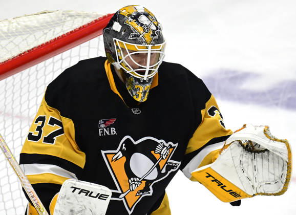 Pittsburgh Penguins goaltender Arturs Silovs (37) stands ready for the face-off during the third period of the Pittsburgh Penguins 4-0 win against the Florida Panthers at PPG Paints Arena in Pittsburgh on Thursday, October 22, 2026. Pittsburgh Penguins goaltender Arturs Silovs (37) recorded 26 saves in the win.  PIT2026102211 ARCHIExCARPENTER