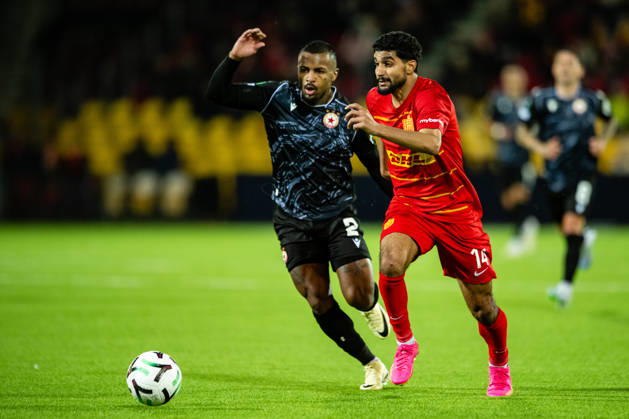 FC Nordsjaelland v CSKA Sofia, UEFA Conference League, Farum, Denmark Farum, Denmark. 22nd, October 2026. Ibrahim Adel (14) of FC Nordsjaelland and Pastor (2) of CSKA Sofia seen during the UEFA Conference League match between FC Nordsjaelland and CSKA Sofia at Right to Dream Park in Farum. Danmark, Farum, Right to Dream Park  Copyright: xGonzalesxPhoto TobiasxJorgensenx