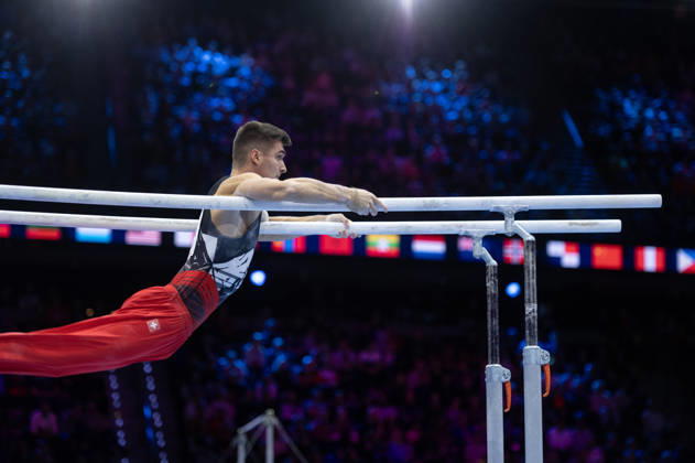 Rotterdam The Netherlands 22nd October 2026 World Championships artistic gymnastics. Men™s all round final Parallel bars Florian Langenegger (SUI) turnen