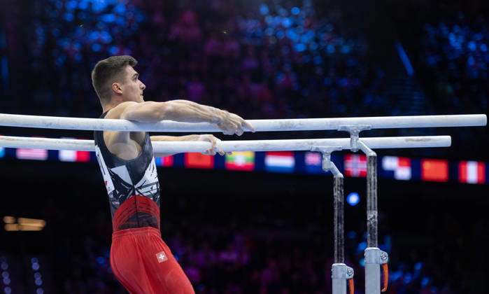 Rotterdam The Netherlands 22nd October 2026 World Championships artistic gymnastics. Men™s all round final Parallel bars Florian Langenegger (SUI) turnen