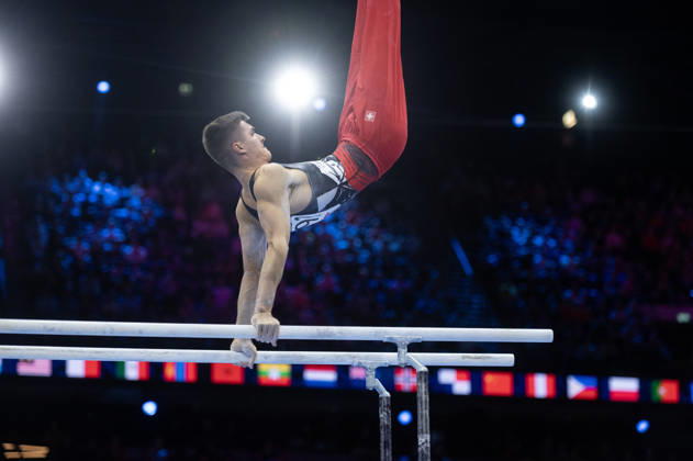 Rotterdam The Netherlands 22nd October 2026 World Championships artistic gymnastics. Men™s all round final Parallel bars Florian Langenegger (SUI) turnen