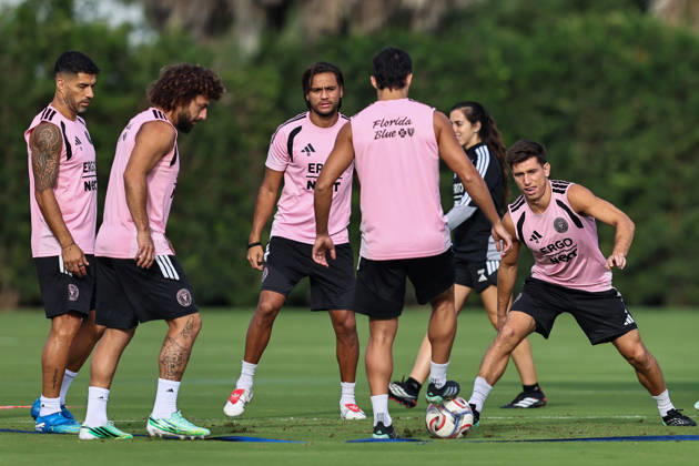 FORT LAUDERDALE, FL - OCTOBER 23: From (L-R), Inter Miami CF forward Luis Suarez (9), defender Maximiliano Falcon (37), midfielder Telasco Segovia (8), and defender Facundo Mura (4) are seen during an Inter Miami Training Session at Florida Blue Training Center on October 23, 2026 in Fort Lauderdale, Florida. (Photo by Chris Arjoon Icon Sportswire) SOCCER: OCT 23 Inter Miami CF Training EDITORIAL USE ONLY Icon2610230000016