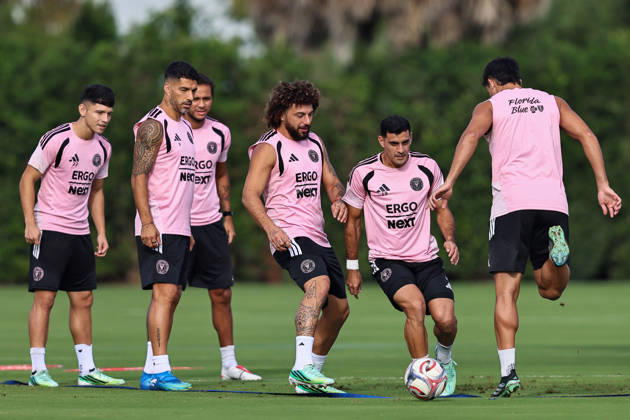 FORT LAUDERDALE, FL - OCTOBER 23: From (L-R), Inter Miami CF midfielder David Ayala (22), forward Luis Suarez (9), midfielder Telasco Segovia (8), defender Maximiliano Falcon (37), and forward German Berterame (19) are seen during an Inter Miami Training Session at Florida Blue Training Center on October 23, 2026 in Fort Lauderdale, Florida. (Photo by Chris Arjoon Icon Sportswire) SOCCER: OCT 23 Inter Miami CF Training EDITORIAL USE ONLY Icon2610230000017